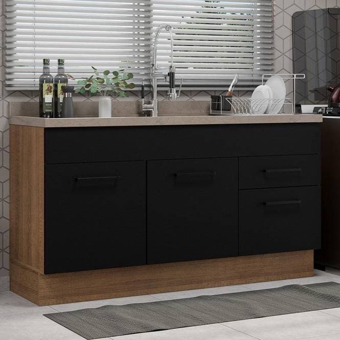 Balcão Gabinete de Pia Cozinha 150 cm 2 Portas 2 Gavetas (Sem Tampo e Pia) Rustic/Preto Agata Madesa